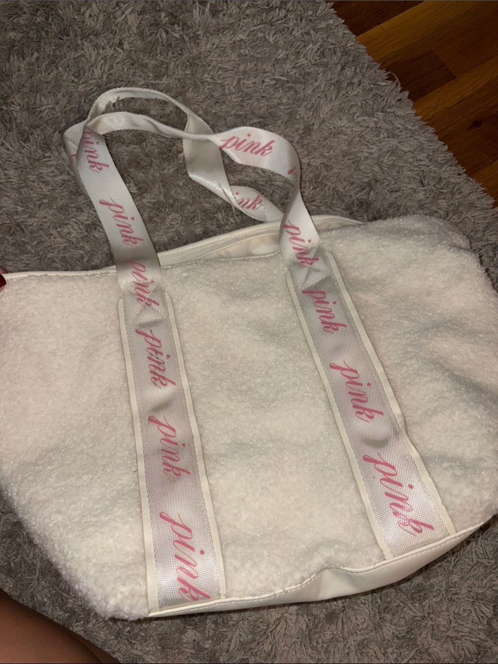 PINK Victoria's Secret White Sherpa Tote with Pink Logo Straps